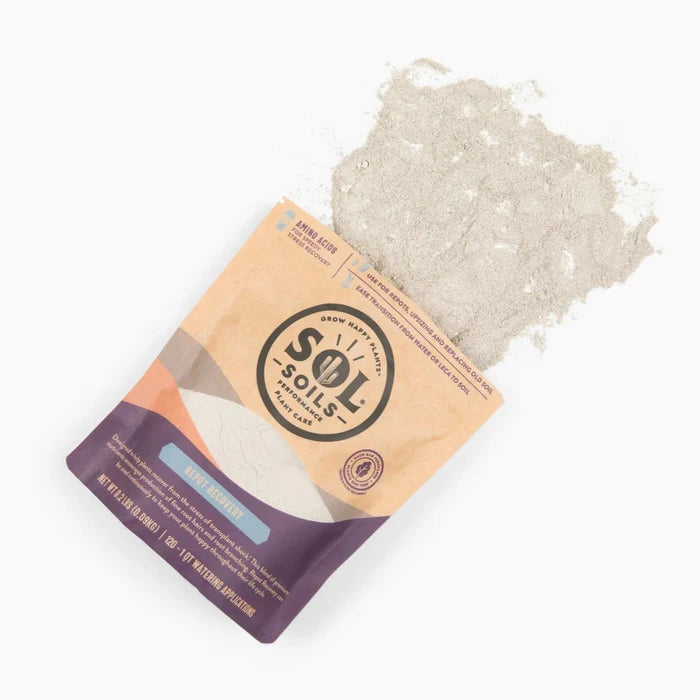 Package of Sol Soil repot recovery plant food with a scoop of white powder on a white background