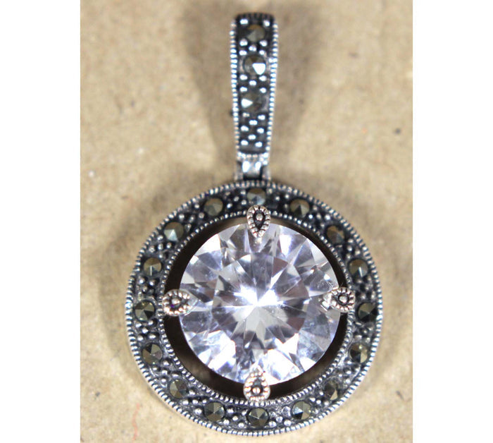 Sterling Silver Marcacite & Diamond CZ Pendant