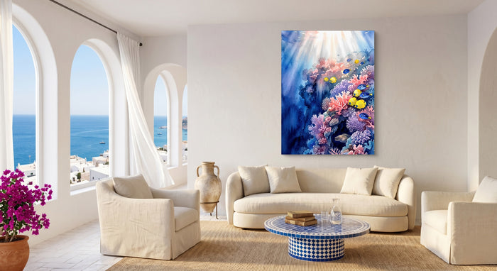 Sunlit Coral Kingdom — sunlit coral kingdom beachside couch livingroom 1port flush print
