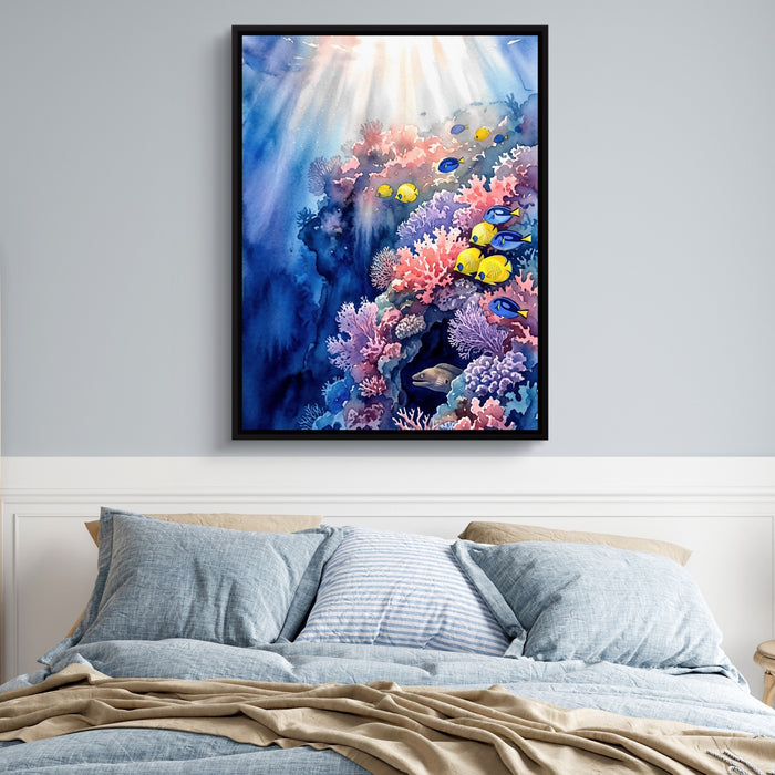 Sunlit Coral Kingdom — sunlit coral kingdom sq blue bedroom 1port framed black