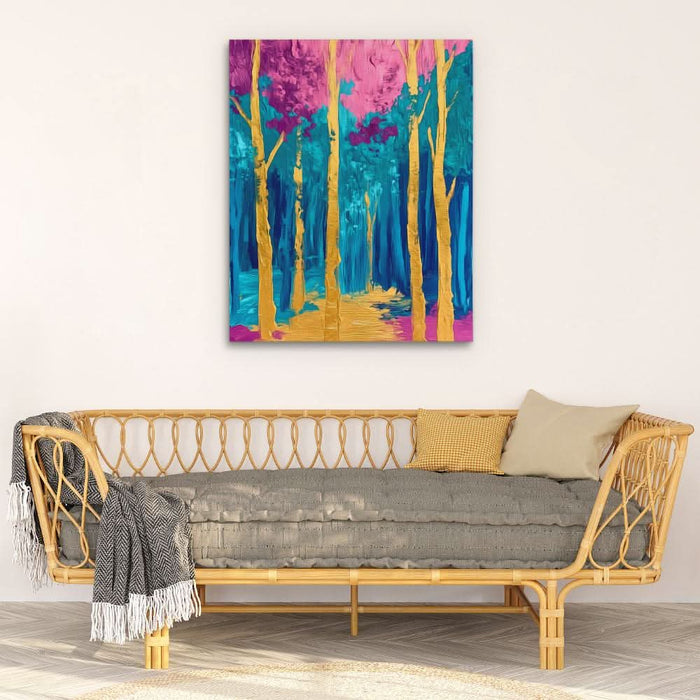Surreal Gold and Pink Forest - Pink and Purple Wall Art in Black Frame
