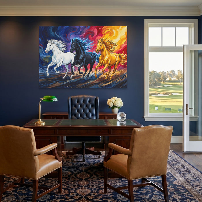 Three Horses Aflame canvas wall art, room view