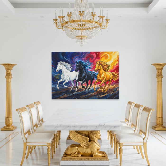 Three Horses Aflame canvas wall art, room view