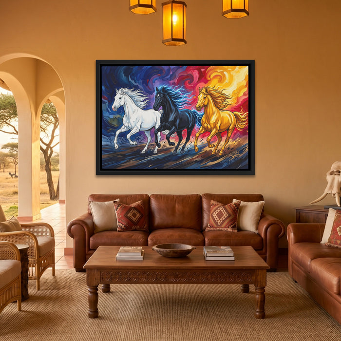 Three Horses Aflame canvas wall art, room view