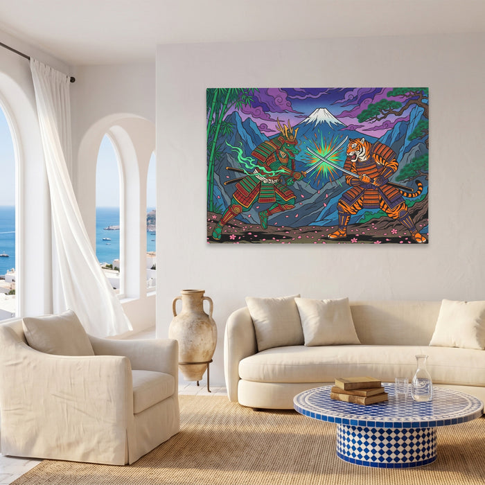 Tiger Dragon Duel canvas wall art, room view