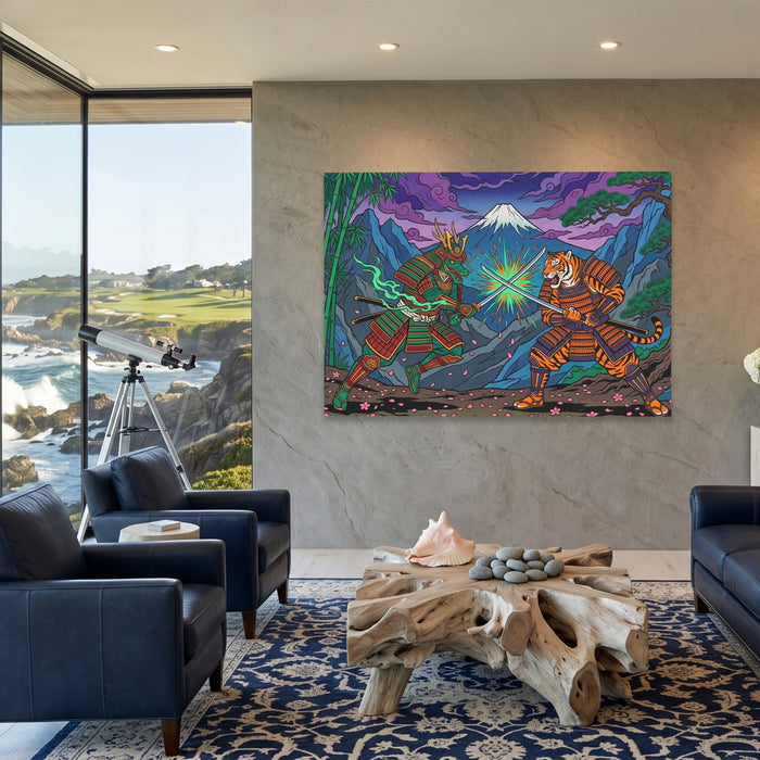 Tiger Dragon Duel canvas wall art, room view