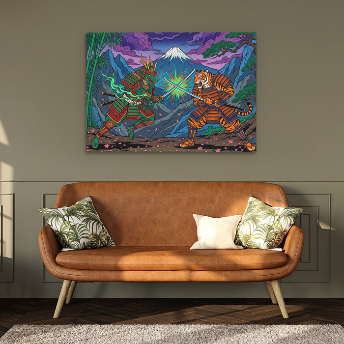 Tiger Dragon Duel canvas wall art, room view
