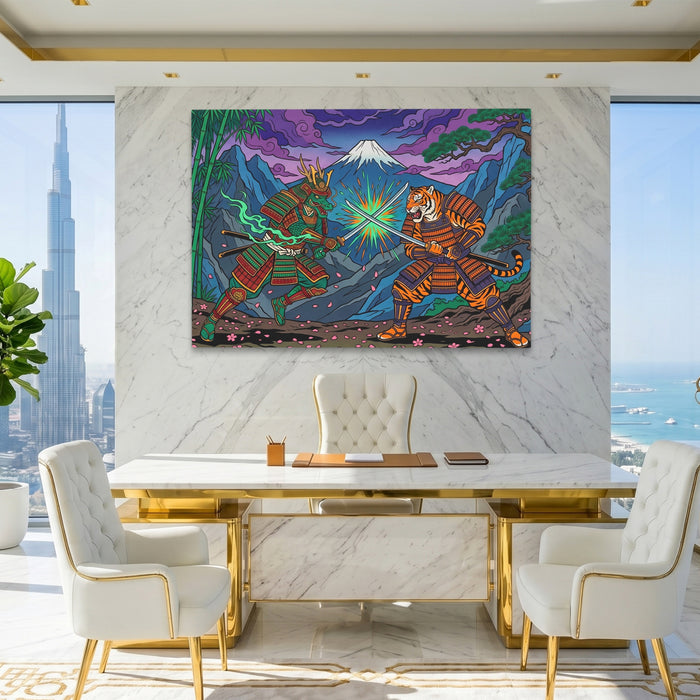 Tiger Dragon Duel canvas wall art, room view