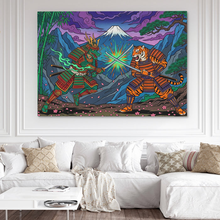 Tiger Dragon Duel canvas wall art, room view
