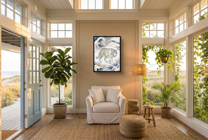Tiger Golden Waves — tiger golden waves living room with plants 1port framed black