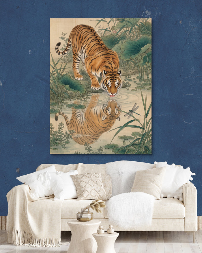 Tiger Gongbi — tiger gongbi psd navy wall white lux couch 1port flush print