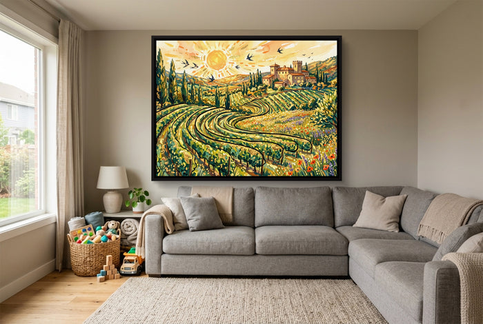 Tuscan Vineyard Sunrise — tuscan vineyard sunrise living room with sectional sofa 1land framed black