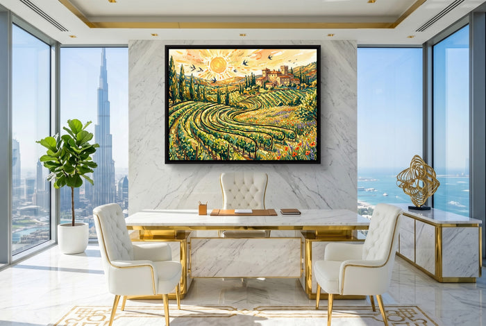 Tuscan Vineyard Sunrise — tuscan vineyard sunrise office with city view 2 1land framed black