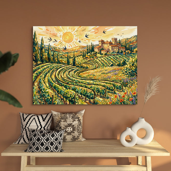 Tuscan Vineyard Sunrise — tuscan vineyard sunrise sq bench wall 1land flush print