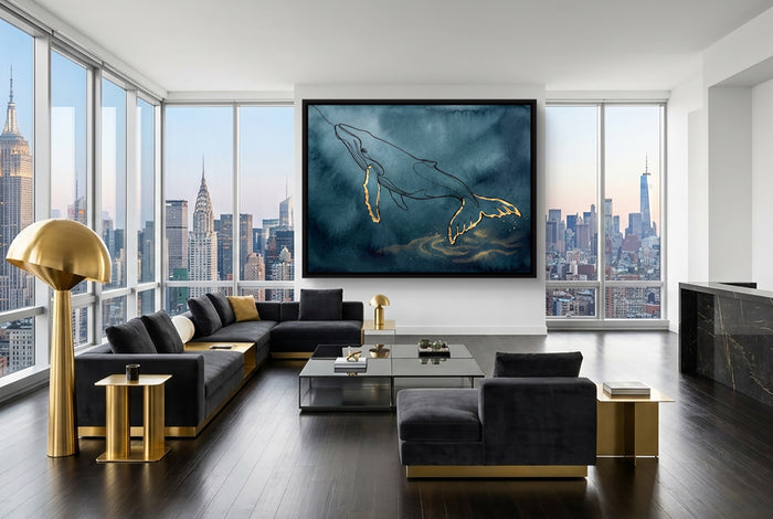 Whale Golden Depths — whale golden depths modern living room interior 4 1land framed black