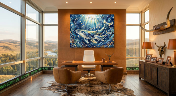 Whales Golden Glow — whales golden glow office with desk and chairs 1land flush print