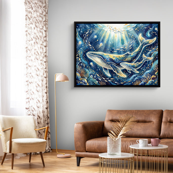 Whales Golden Glow — whales golden glow sq curtains 1land framed black