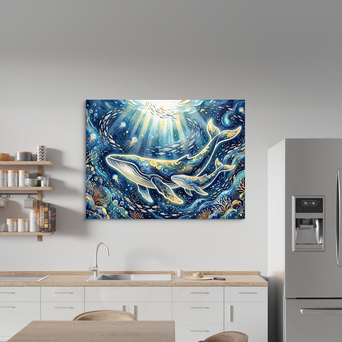 Whales Golden Glow — whales golden glow sq kitchen wall 1land flush print
