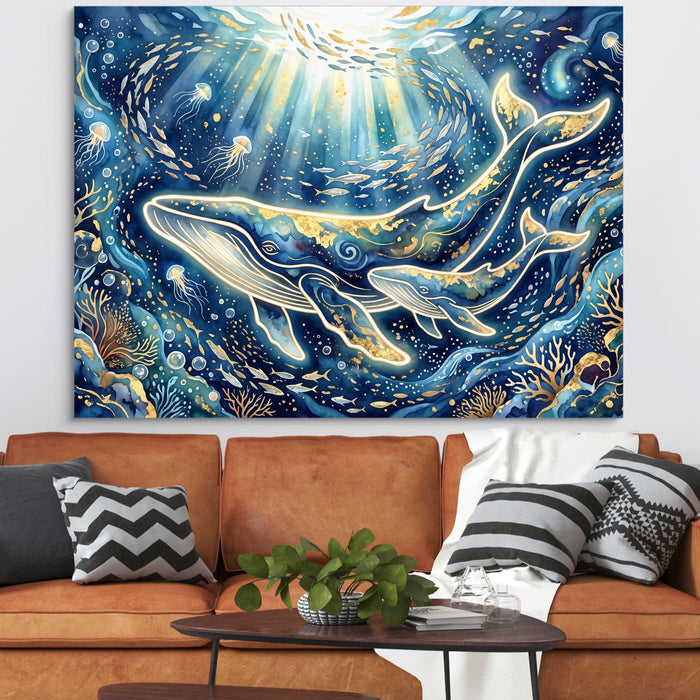 Whales Golden Glow — whales golden glow sq orange couch 1land flush print