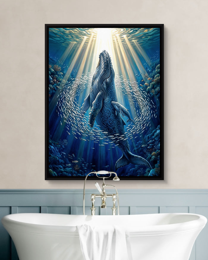 Whales Sunlit Depths — whales sunlit depths psd white wall green bath 1port framed black
