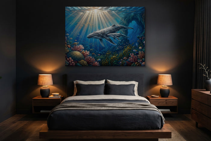 Whales Sunlit Reef — whales sunlit reef bedroom with dark walls 1land flush print