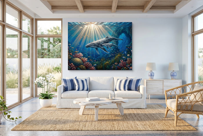 Whales Sunlit Reef — whales sunlit reef living room with windows 1land flush print