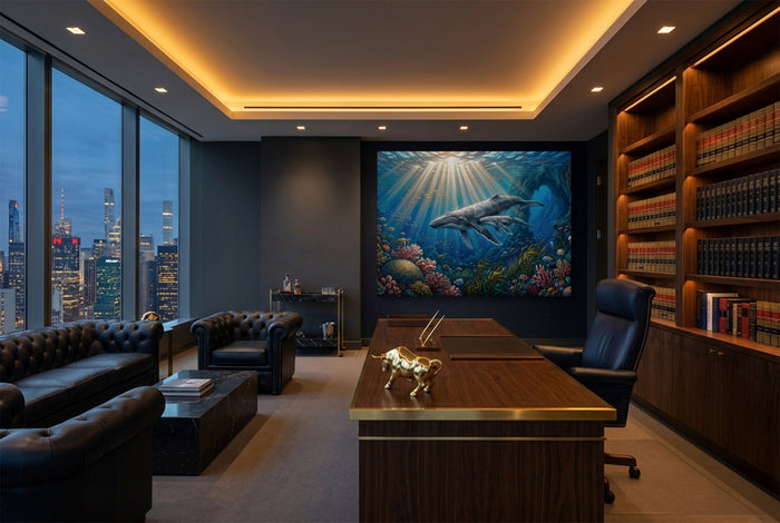 Whales Sunlit Reef — whales sunlit reef office with city view 4 1land flush print
