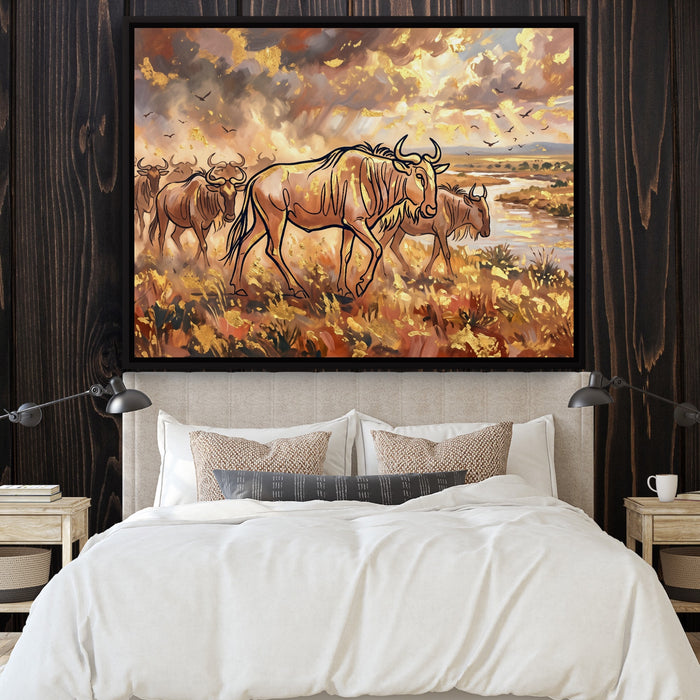 Wildebeest Golden Herd — wildebeest golden herd sq bedroom with wood walls 1land framed black
