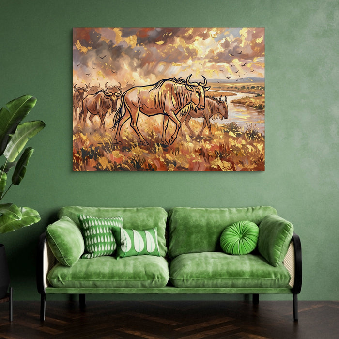 Wildebeest Golden Herd — wildebeest golden herd sq green couch 1land flush print