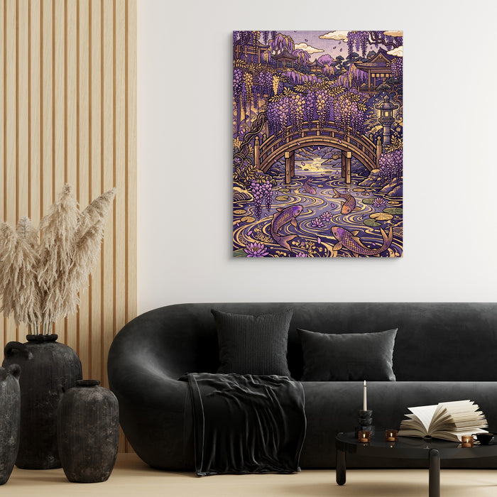 Wisteria Garden Bridge — wisteria garden bridge sq black couch and wood walls 1port flush print