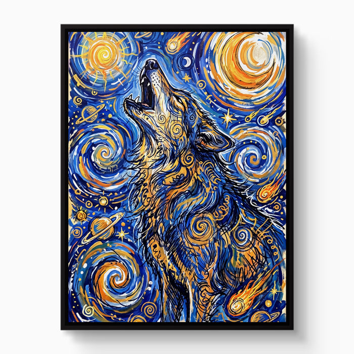 Wolf Over Starry Night — wolf over starry night white studio framed black