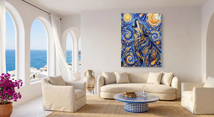 Wolf Over Starry Night — wolf over starry night beachside couch livingroom 1port flush print