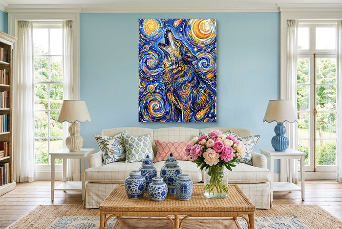 Wolf Over Starry Night — wolf over starry night living room interior 3 1port flush print