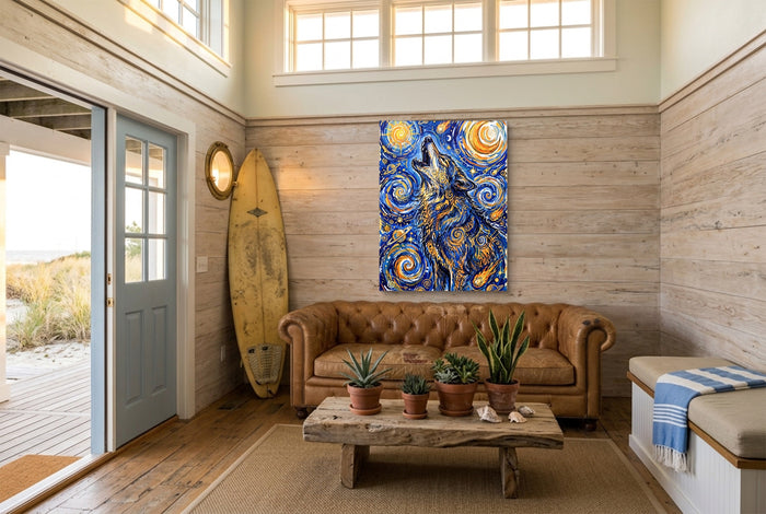 Wolf Over Starry Night — wolf over starry night living room with couch 3 1port flush print