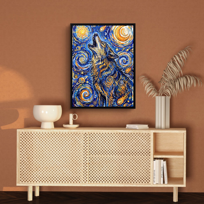 Wolf Over Starry Night — wolf over starry night sq brown wall 1port framed black
