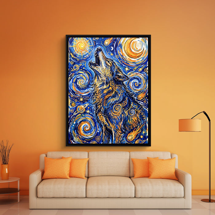 Wolf Over Starry Night — wolf over starry night sq orange room 1port framed black