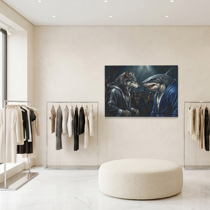 Wolf Shark Confrontation canvas wall art, room view