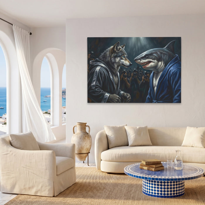 Wolf Shark Confrontation canvas wall art, room view
