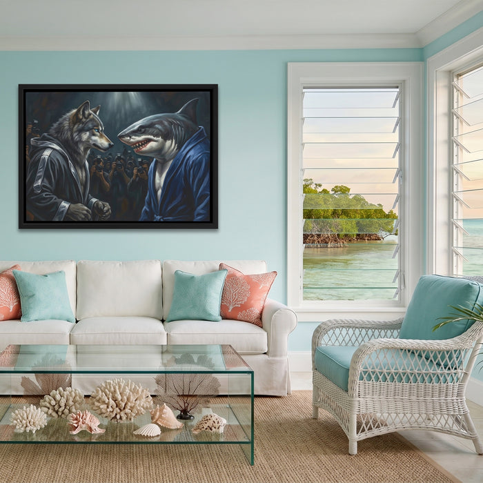 Wolf Shark Confrontation canvas wall art, room view
