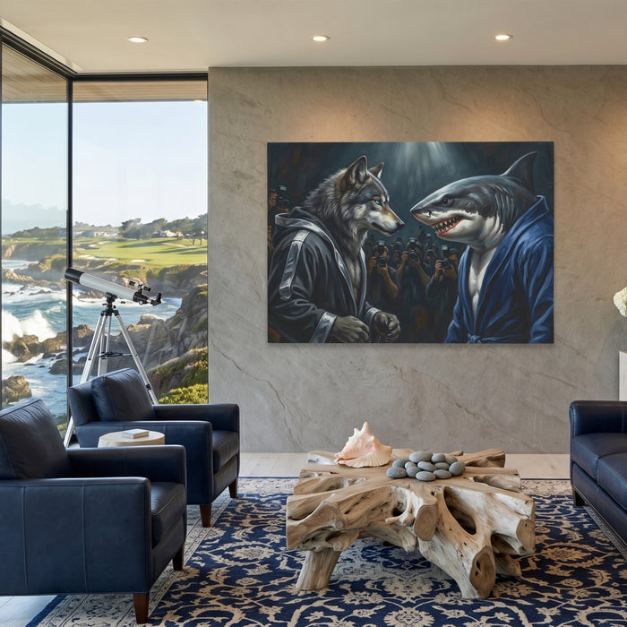 Wolf Shark Confrontation canvas wall art, room view