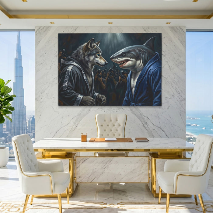 Wolf Shark Confrontation canvas wall art, room view