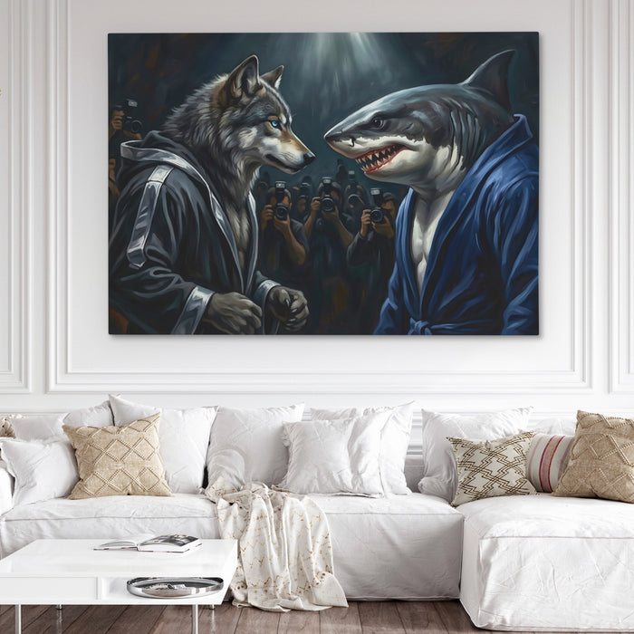 Wolf Shark Confrontation canvas wall art, room view