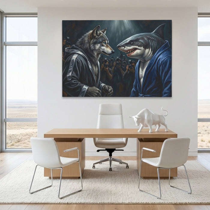 Wolf Shark Confrontation canvas wall art, room view
