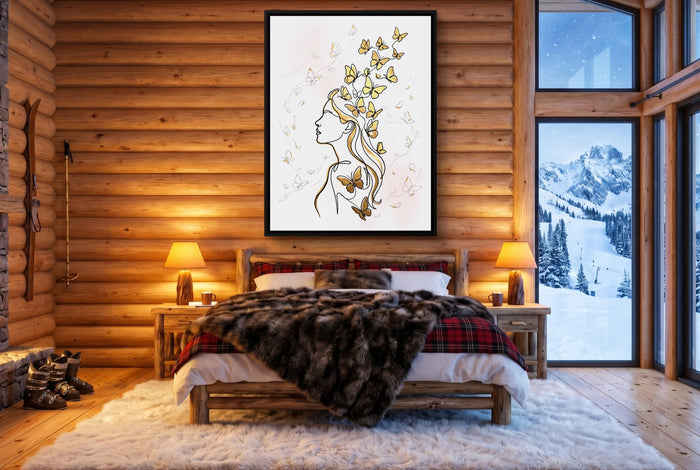 Woman Golden Flight — woman golden flight bedroom with fireplace 1port framed black