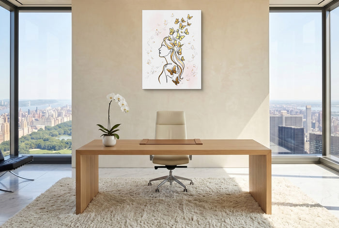 Woman Golden Flight — woman golden flight office with city view 5 1port flush print