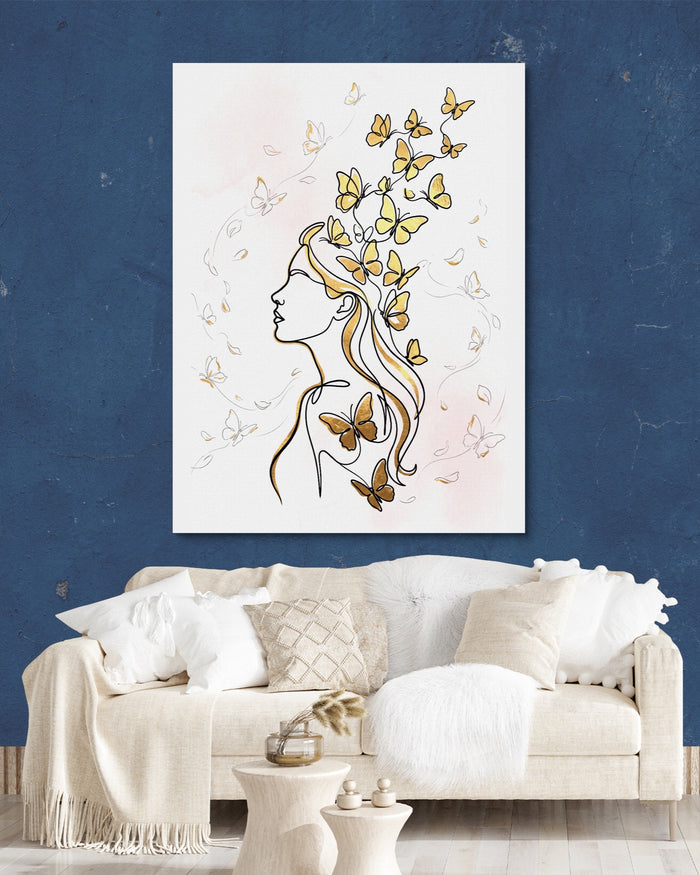Woman Golden Flight — woman golden flight psd navy wall white lux couch 1port flush print