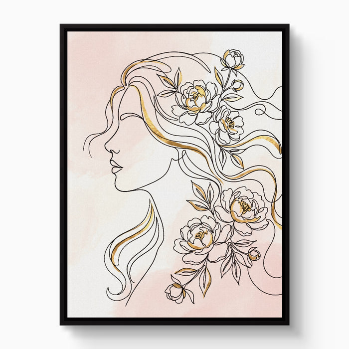 Woman Golden Peonies — woman golden peonies white studio framed black