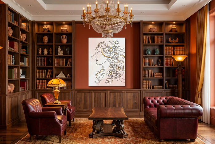 Woman Golden Peonies — woman golden peonies living room interior 2 1port flush print
