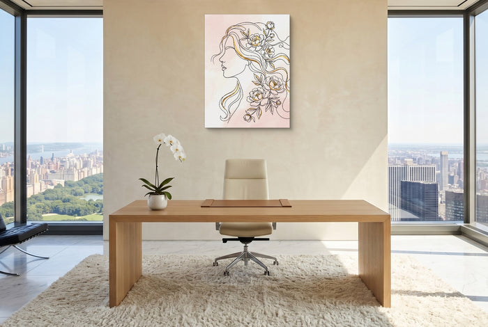 Woman Golden Peonies — woman golden peonies office with city view 5 1port flush print