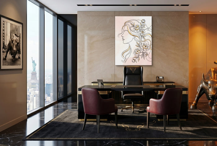 Woman Golden Peonies — woman golden peonies office with desk and chairs 2 1port flush print